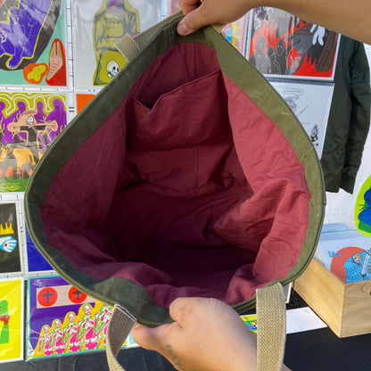 UPCYCLED MILITARY DUFFLE TOTE BAG - RED INTERIOR