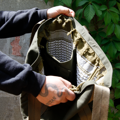 UPCYCLED MILITARY DUFFLE TOTE BAG - WHITE SCARF