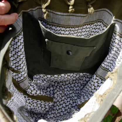 UPCYCLED MILITARY DUFFLE TOTE BAG - WHITE SCARF