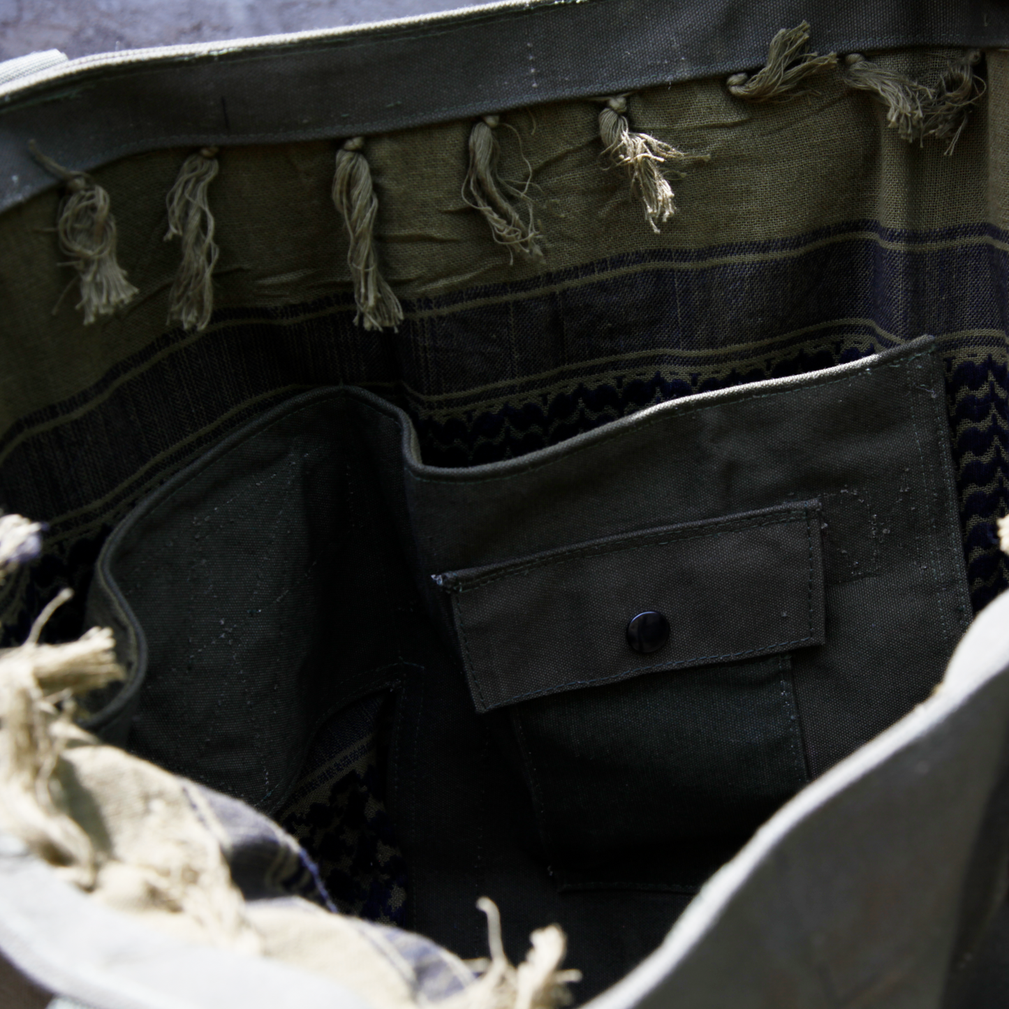 UPCYCLED MILITARY DUFFLE TOTE BAG - GREEN SCARF