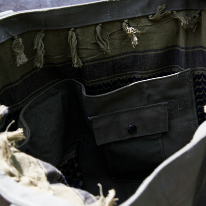 UPCYCLED MILITARY DUFFLE TOTE BAG - GREEN SCARF